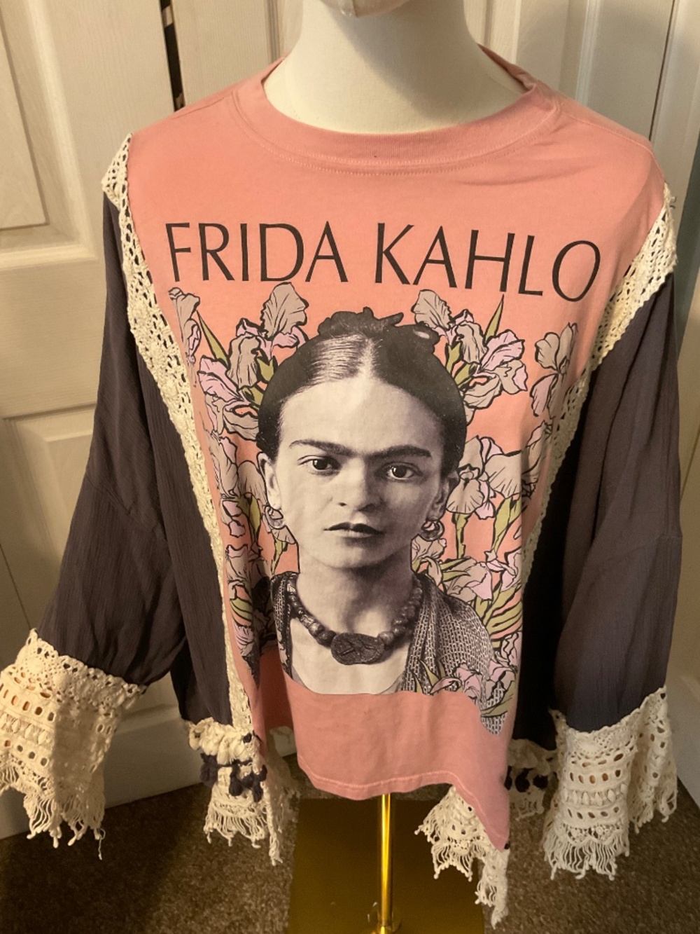 Frida Kahlo Upcycled T-Shirt with Flowy Boho Sleeves - OSFM